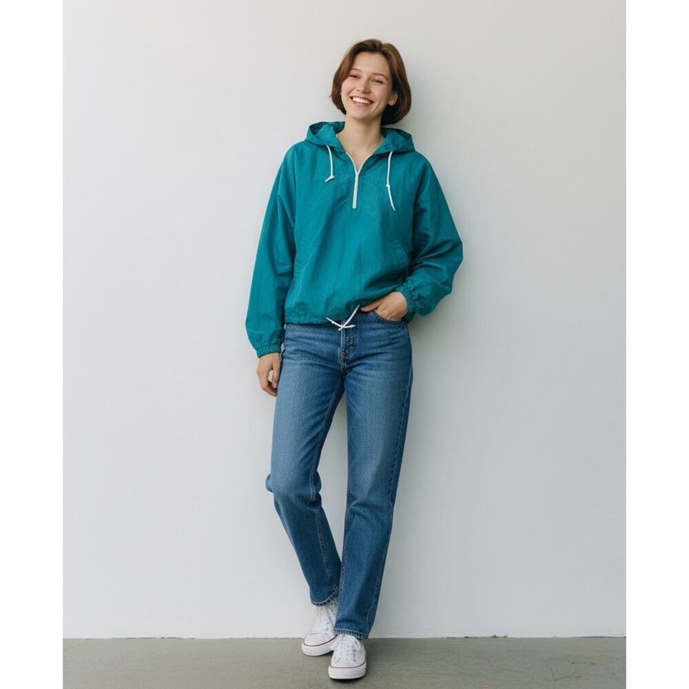 Retro 80s/90s Quarter Zip Windbreaker TSG Nylon Polyester Medium Blue Turquoise